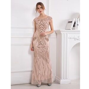 Angel-fashions Women's Bateau Cap Sleeve Floral Sequin Sheath V Back Beige Dress